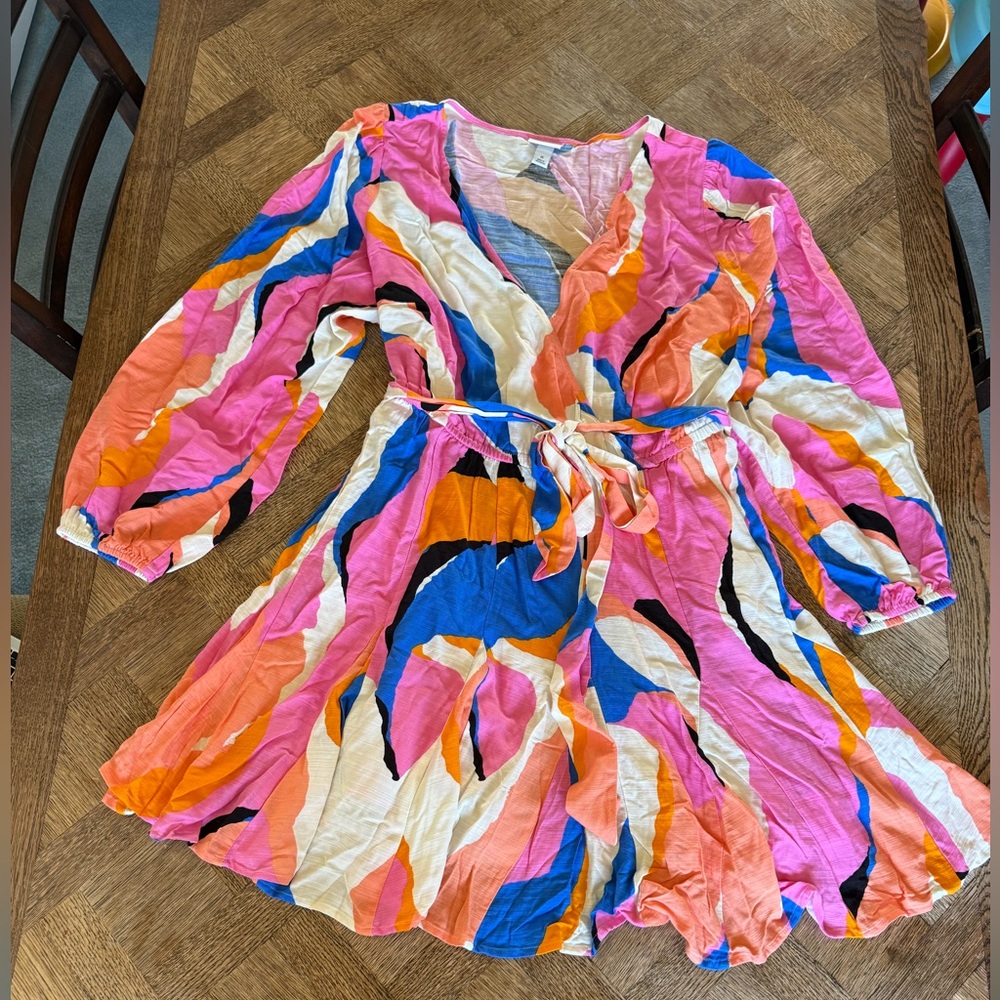 Ava & Viv Multicolor Wave-Print Casual Dress - Pink, Blue & Orange with Pockets